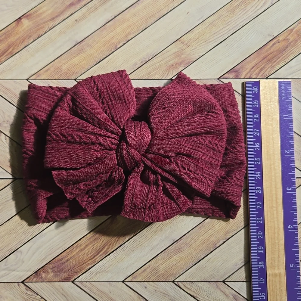 ​Burgundy Cable Knit Baby Girl Headband Large Bow Turbans Soft Stretch Headwrap